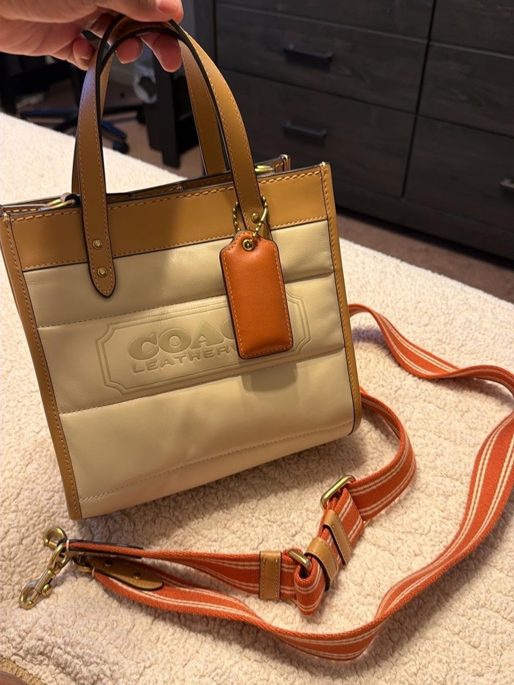 Coach Cream Mini Tote with Tan Trim and Orange Strap
